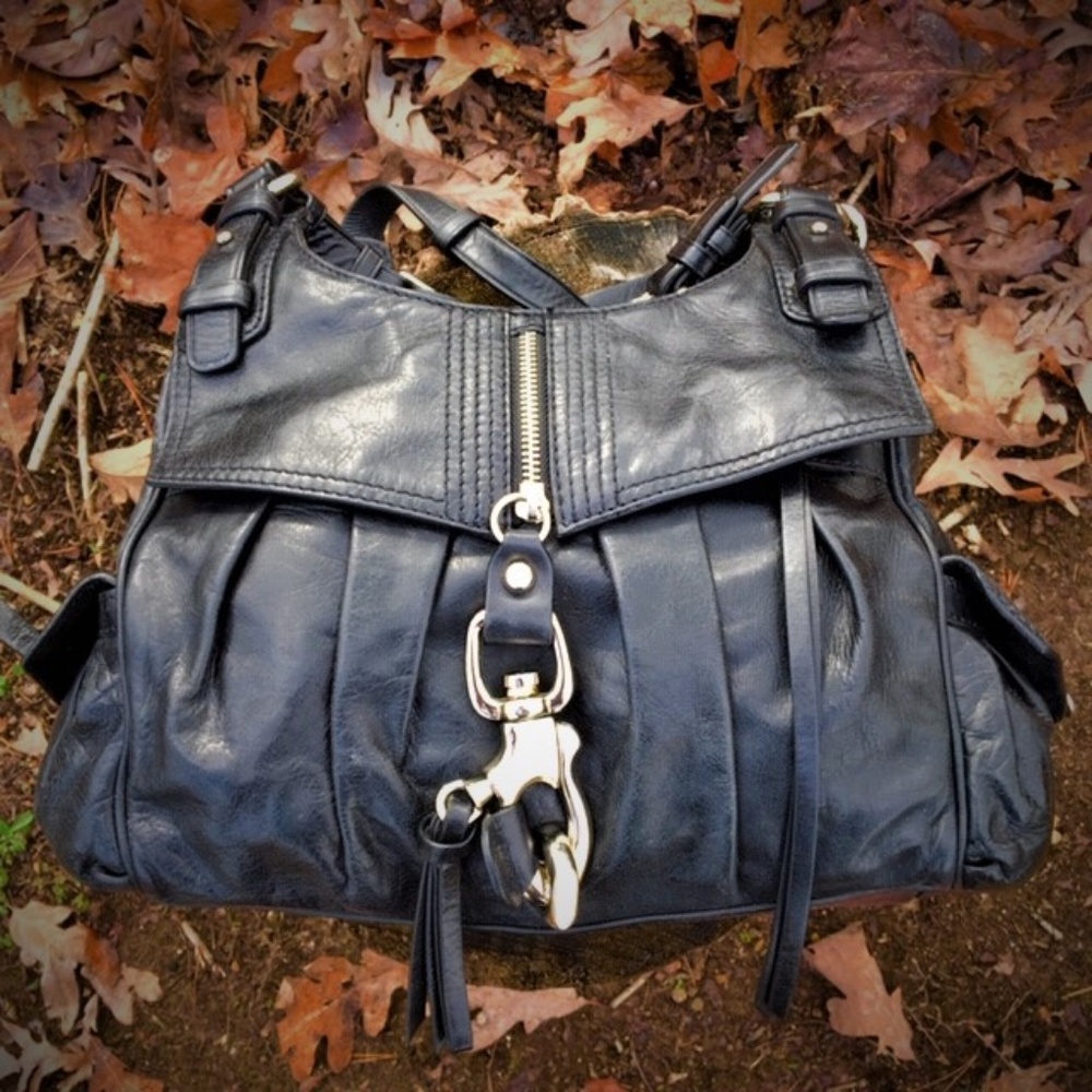 Italian Designer Francesco Biasia Black Leather Hobo Punk Biker Handbag Purse - Picture 4 of 11